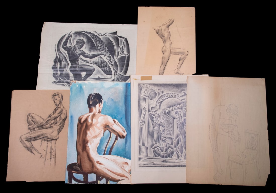 ARTHUR TROST LAWSON (20TH C. MA/MEXICO): (13) Nude Studies of Men, various mediums and sizes, mostly signed, one of sailors at a bar, loose, in foamcore folio.