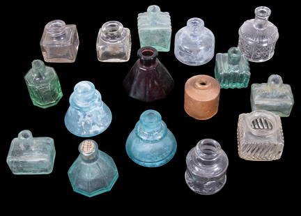 INK BOTTLE COLLECTION: (16) Piece Lot of vintage and antique bottles, most in glass in a variety of colors and shapes, some blown, several with brand names (Carters, Diamond, L.H, Thomas, Fields), 2" to 3" high, four with r