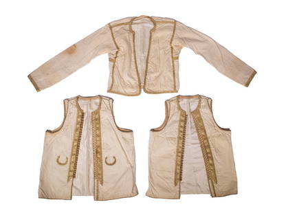 SILK JACKET AND VESTS WITH GOLD BRAID TRIM: (3) Piece Lot of Early 20th c. Ottoman Silk Clothing, with gold silk and gold braid trim, including: short jacket with multi-color lining at wrists and pearl buttons, and (2) vests, one vest with monk
