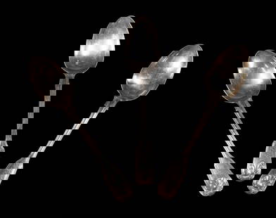 VICTORIAN STERLING SILVER TABLE SPOONS: Set of (3) English Fiddle Thread & Shell Pattern Sterling Spoons, by silversmiths Joseph & Albert Savory, London 1851, with HESE monogram, 8 1/2" long, 9.24 ozt tw. Good condition.