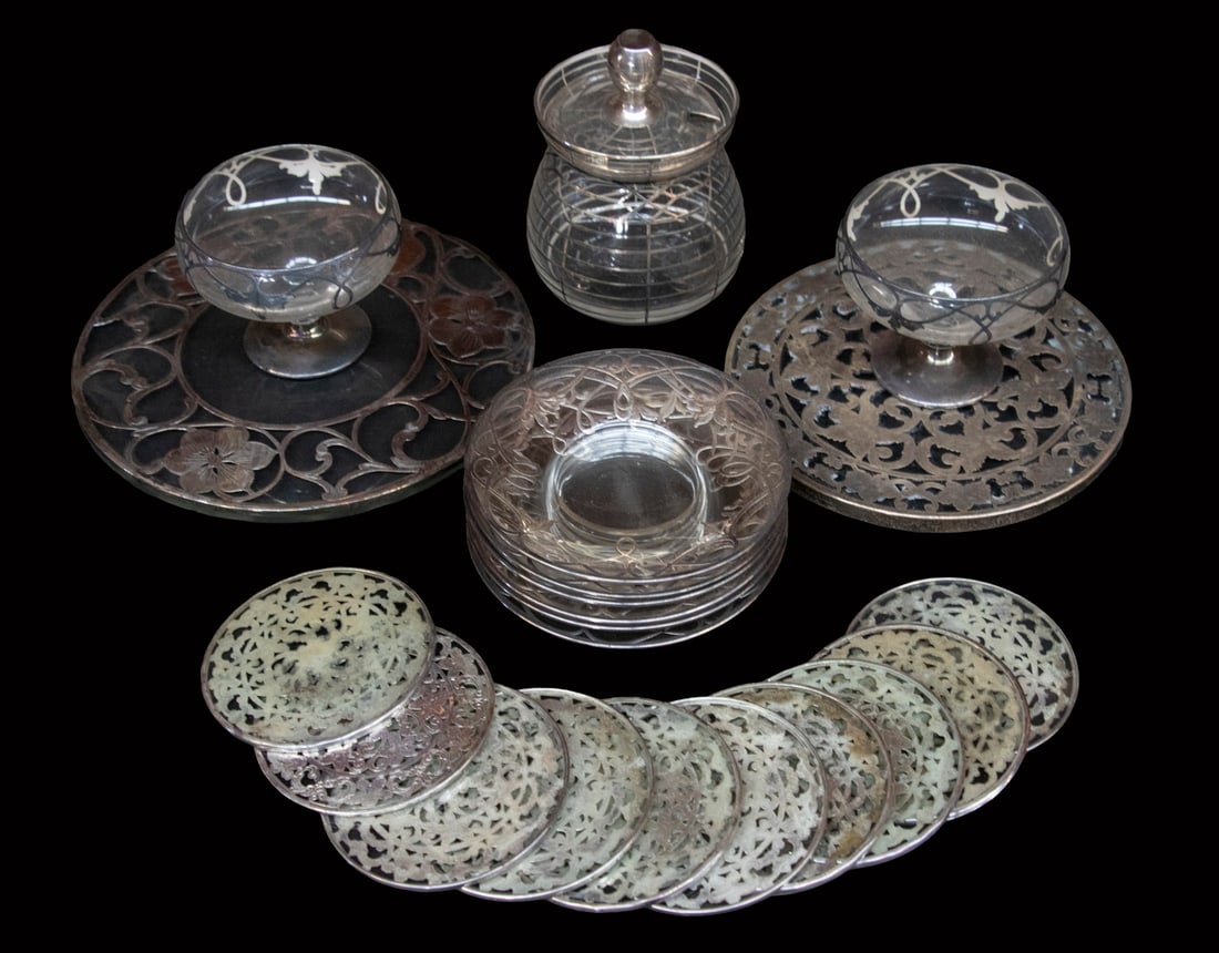 SILVER OVERLAY GLASS SERVING ITEMS: (21) Piece Lot of Vintage Glass with Sterling Overlay, incl: (2) Trivets, one by Webster, other unmarked, 6" and 6 7/8" diam., larger with small base edge nicks; (10) Coasters, by Webster, 3" diam.; (