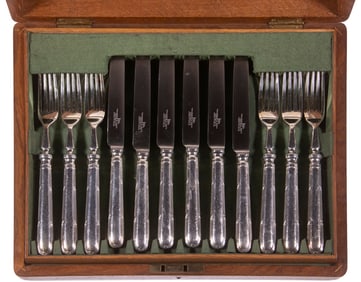 CASED ENGLISH SILVER-PLATE FRUIT FORKS & KNIVES