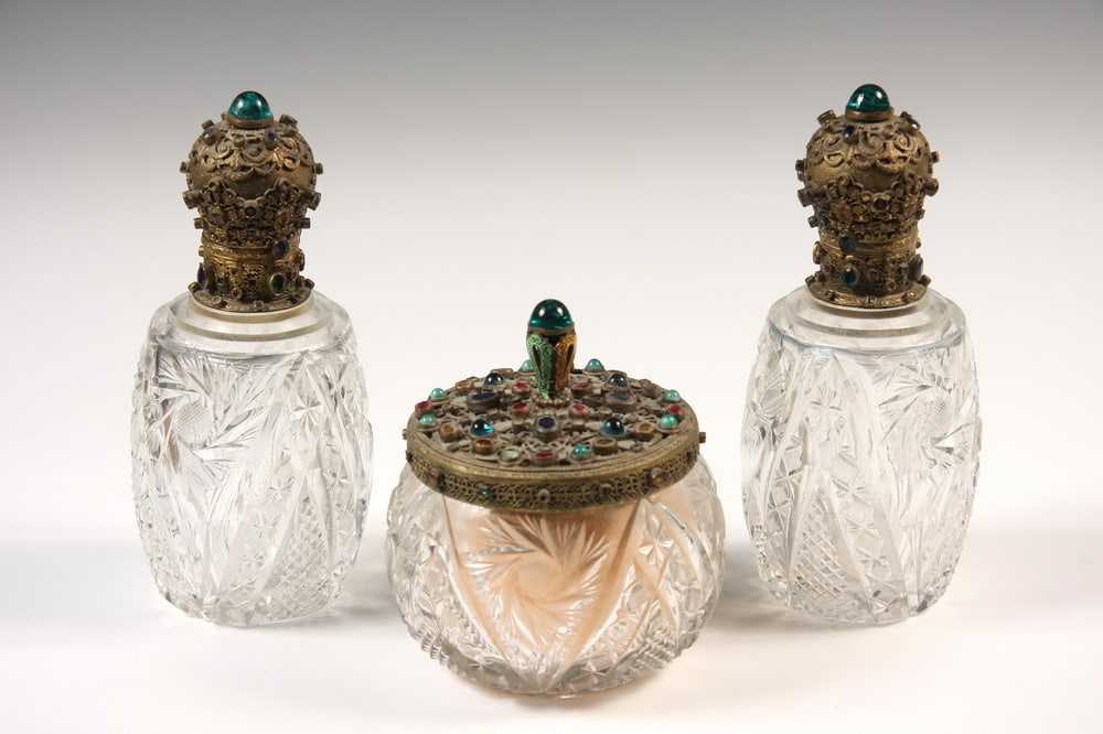 (3) BEJEWELLED CUT CRYSTAL VANITY BOTTLES & JAR - Vanity Set 19th c Cut Crystal and Cabochon Set (1 of 3)