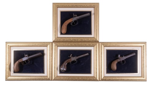 LOT OF (4) PERCUSSION LOCK BOOT PISTOLS W/ FRAMED DISPLAYS