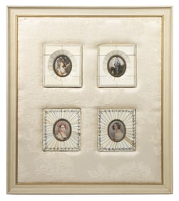 (4) MINIATURE BONE FRAMED COPY PORTRAITS IN A LARGE SINGLE FRAME