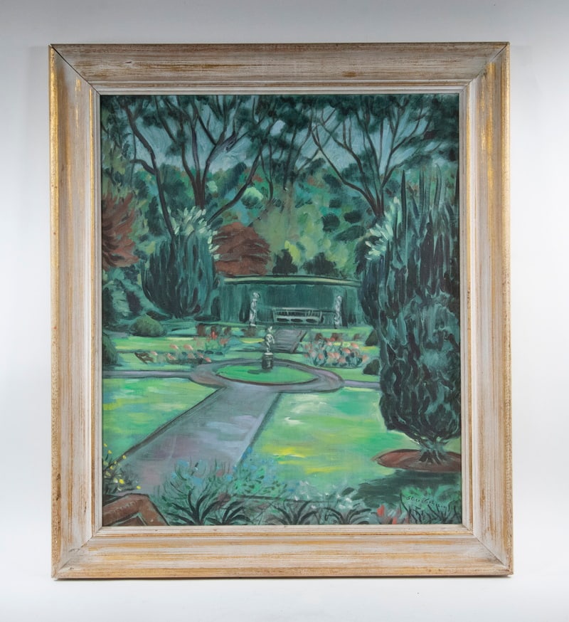 ALICE STANLEY ACHESON (DC/MI, 1895-1996): Formal Gardens, oil on linen, signed lower right, in dry brushed gold cove frame, OS: 31 1/2" x 27", SS: 25 1/2" x 21". Fine condition.