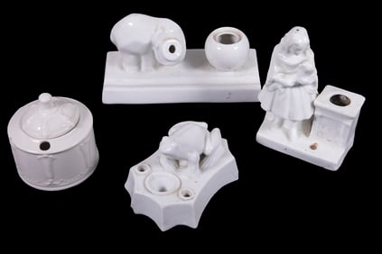 WHITE GLAZED CERAMIC INKWELLS