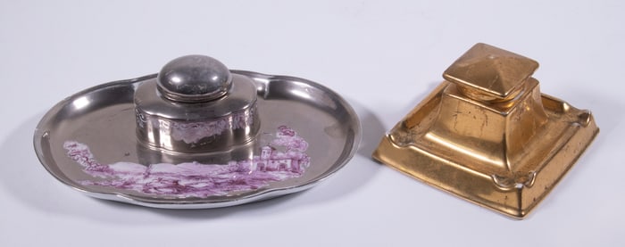 SILVER LUSTRE AND GILDED PORCELAIN INKWELLS