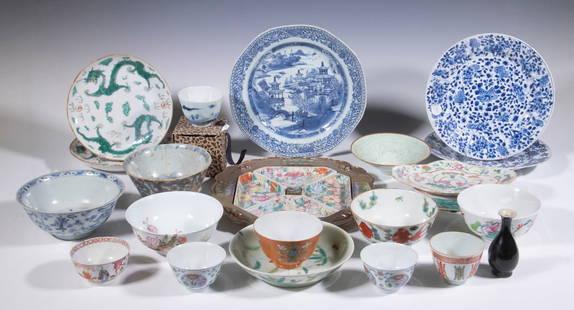 CHINESE PORCELAIN COLLECTION: Group of (22) Assorted Pieces of Porcelain, incl: Famille rose four-piece sweetmeat set in fitted brass holder with enamel decoration, 10" sq.; Pair of blue and white decorated plates, lotus and trail