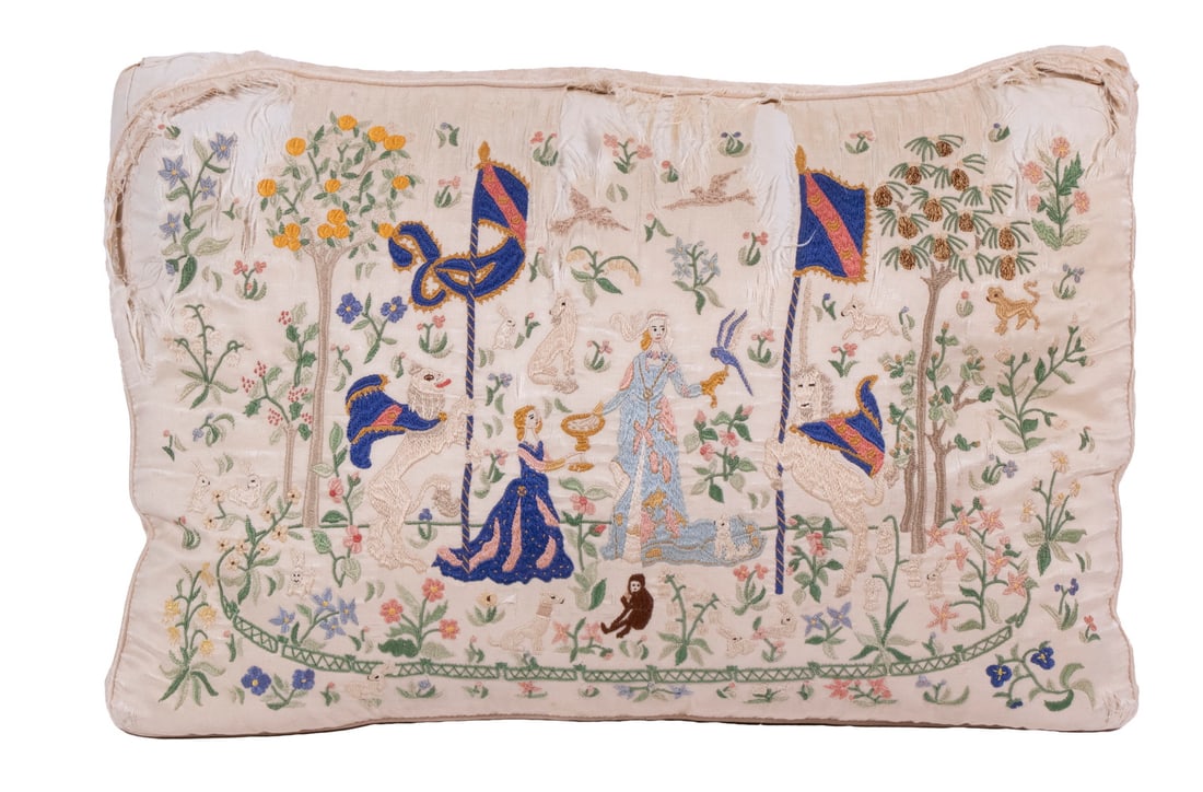 EARLY PICTORIAL EMBROIDERED SILK PILLOW (1 of 3)