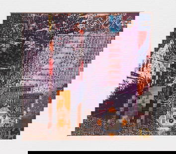 NANCY LINDSAY (CONTEMPORARY CEDAR RAPIDS, IOWA): "Classique #16", collage in mixed media, signed lower left, titled verso, in gold metal slat frame, matted under glass, OS: 10" x 10", SS: 4 3/4" x 4 3/4".