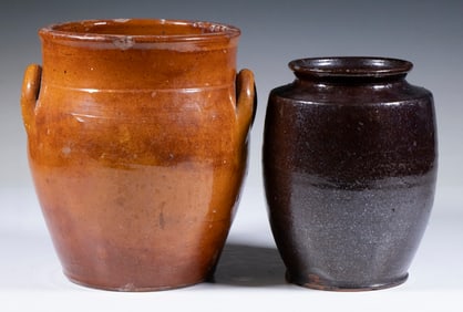 (2) GLAZED REDWARE JARS