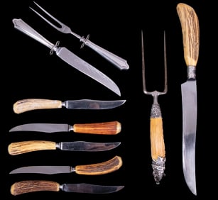 (9 PCS) STERLING & ANTLER HANDLED CUTLERY