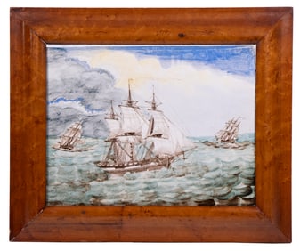 FRAMED TILE OF 18TH C WARSHIPS