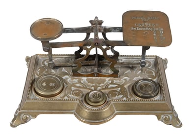 ENGLISH BRASS POSTAL SCALE WITH WEIGHTS