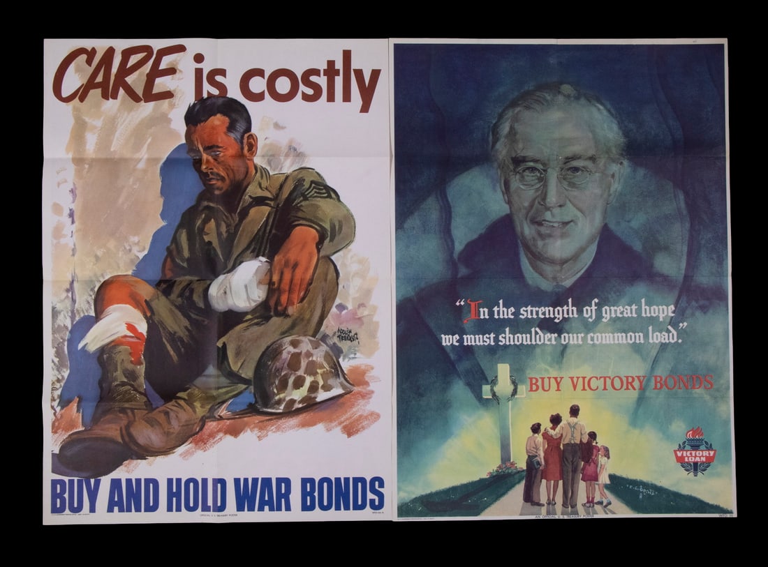 (2) 1945 WAR BOND POSTERS, FDR SPIRIT & WOUNDED SOLDIER, UNFRAMED (1 of 4)