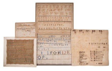 (6) SMALL EARLY 19TH C. SAMPLERS, UNFRAMED, ON CARDS