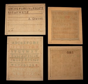 (4) SMALL EARLY 19TH C. SAMPLERS, UNFRAMED, ON CARDS