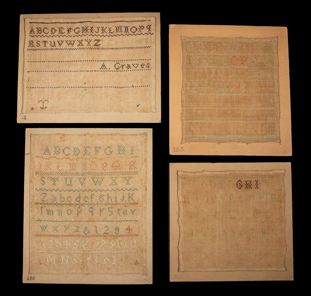 (4) SMALL EARLY 19TH C. SAMPLERS, UNFRAMED, ON CARDS: Simple Monochromatic Alphabet Samplers, one signed "A. Graves", 6 1/2" x 6" to 8" x 7", unframed, mounted on cards.