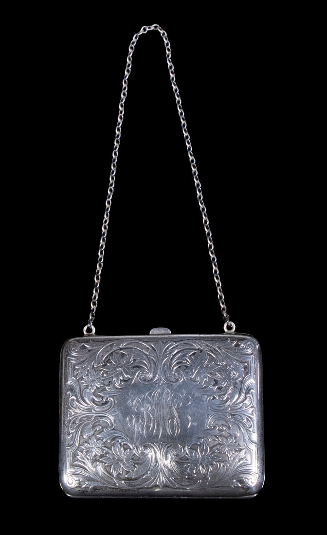 R. BLACKINTON & CO. STERLING PURSE: Early 20th c. Dance Purse, by R. Blackinton & Co. (North Attleboro, MA, 1862-1967), with ornate floral and scroll decoration, engraved monogram, link chain, push button open, 3 3/4" x 3" x 1/2", 3.44