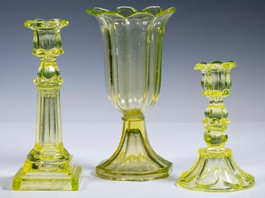 (3 PCS) EAPG CANARY GLASS - CANDLESTICKS & VASE