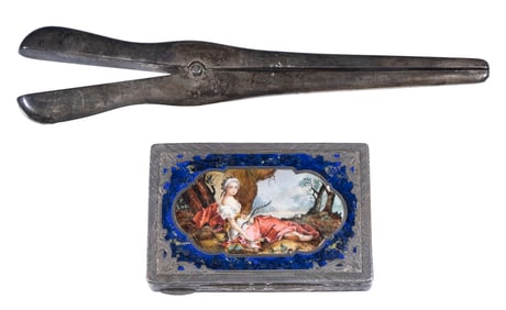 ENAMELED SILVER BOX & CURLING IRON