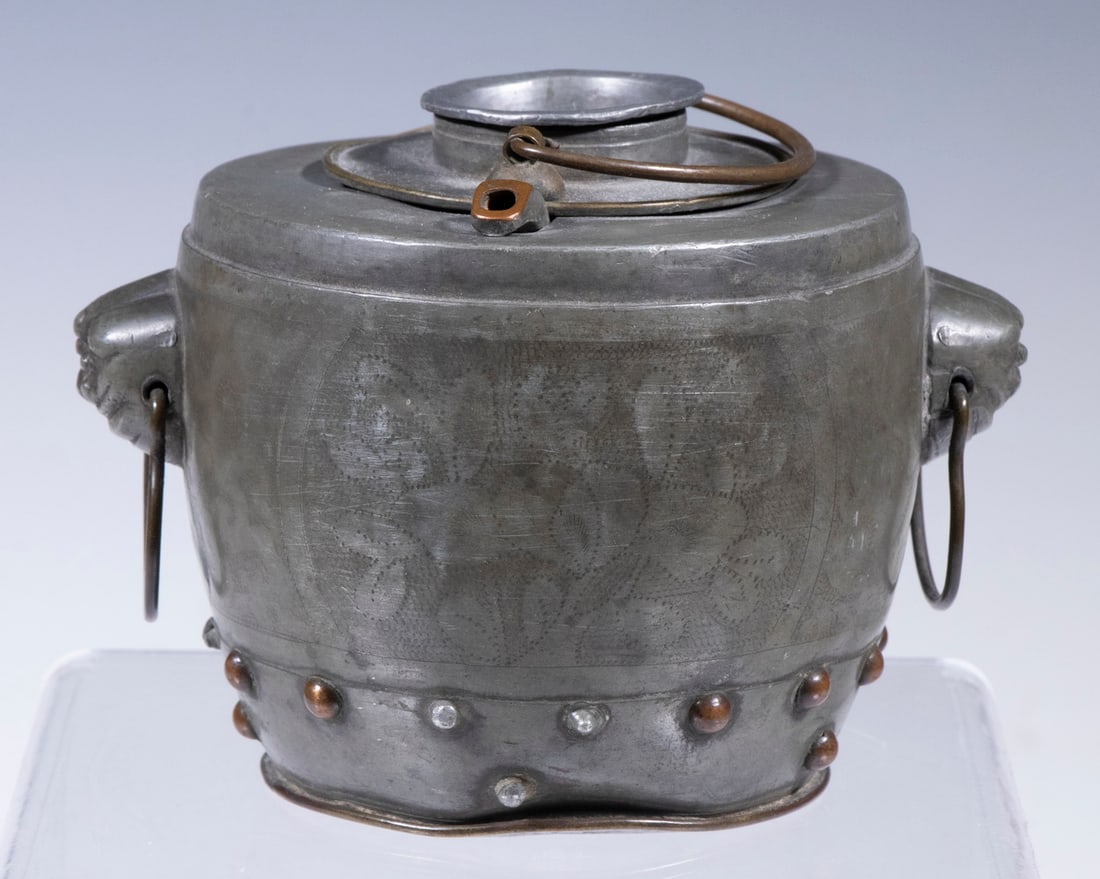 CHINESE PEWTER WARMER WITH WINE POT: Pewter Warming Vessel, with taotie mask drop ring side handles, copper and pewter raised rivets and engraved surface decoration, three Chinese character mark on base, inset wine or teapot with swing t
