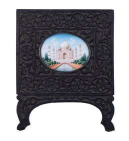 MINIATURE TAJ MAHAL PAINTING IN CARVED FRAME