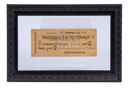 1954 CHECK SIGNED OVER TO THE UNITED NATIONS BY ELEANOR ROOSEVELT, FRAMED
