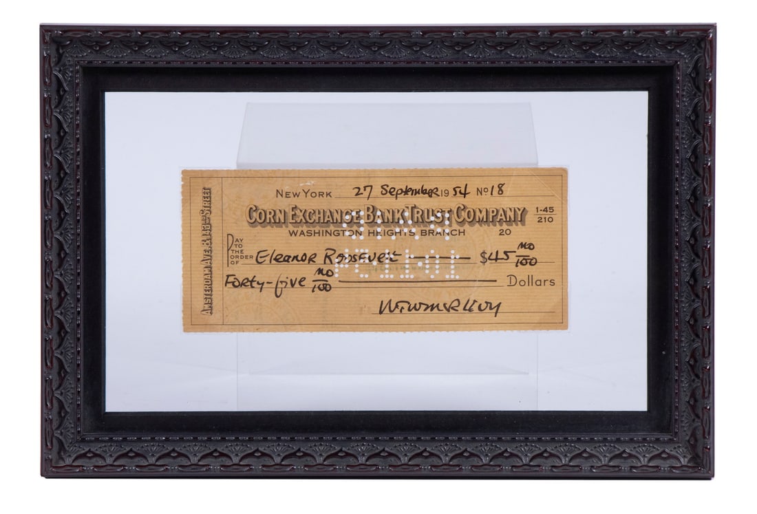 1954 CHECK SIGNED OVER TO THE UNITED NATIONS BY ELEANOR ROOSEVELT, FRAMED (1 of 3)