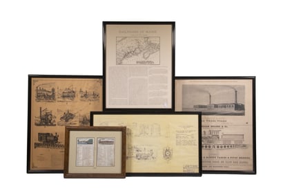 (5) FRAMED RAILROAD PLANS & EPHEMERA