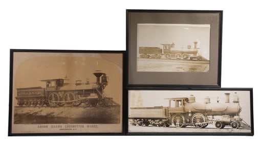 (3) LARGE ALBUMEN PHOTOS OF EARLY RAILROAD LOCOMOTIVES, FRAMED