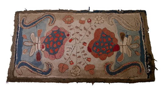 MAINE MADE HOOKED RUG 36" x 66": Waldoboro Rug with two large pink and blue blossoms, set into dark blue lyres, crossed long stem roses at center on beige ground, brown and black border, edge loss, especially at one short end, overal