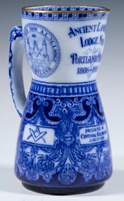 ROYAL DOULTON FLOW BLUE 1906 MAINE MASONIC PITCHER