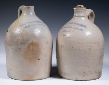 (2) BLANCHARD & FARRAR BOSTON MERCHANT STONEWARE JUGS