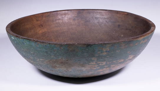 EARLY LARGE 19TH C NEW ENGLAND CHOPPING BOWL: Hand Turned large, deep bowl, probably ash, the outside in remnants of dump cart blue casein paint. 6" x 28" diam. Shrinkage crack to foot.