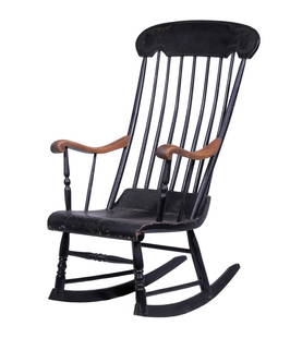 PAINTED BOSTON ROCKER: 19th c. Rocking Chair, with stencil decorated black painted surface, seven back spindles, set on turned legs and front stretcher, 42" high, 23" x 30".