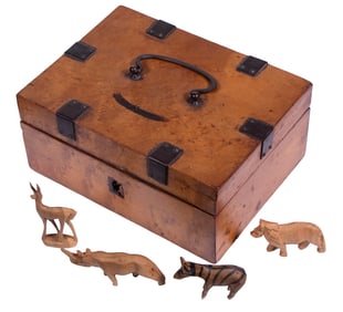 BIRDSEYE MAPLE BOX WITH CARVED ANIMALS