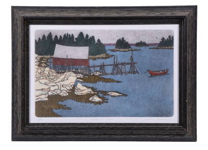 LEO DONAHUE (CONTEMPORARY MA): "Northern Cove", color etching, pencil signed, titled and numbered 55/250, in weathered dark wood frame, under non-glare glass, OS: 10 1/2" x 14 1/2", SS: 6 3/4" x 10 3/4".
