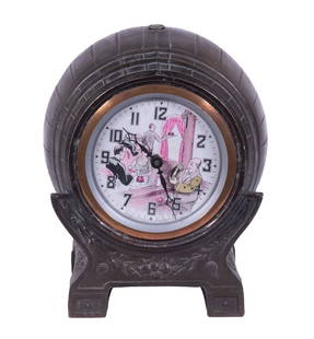 WHISKEY BARREL FORM NOVELTY BARTENDER CLOCK: Rare Circa 1938 Animated Bartender Clock, by United Electric Clock Company, Brooklyn, NY, with patinated spelter barrel form case and 30-hour time only wind-up movement; the bartender shakes a cocktai