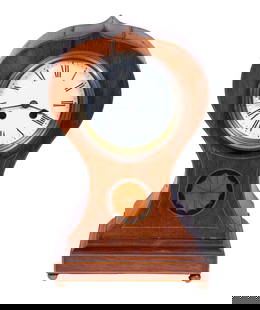 INLAID MAHOGANY MANTEL CLOCK: Edwardian Era Balloon Form Clock, with 8-day time and strike movement, brass movement stamped "A.I." and "4184 4", white porcelain face with black Roman numerals, in a waisted form case with central r