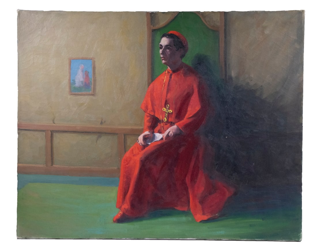 UNSIGNED PORTRAIT OF A CATHOLIC CARDINAL: A Man of the Church, seated in a chair, awaiting an audience, a petition in his hand, oil on canvas, unsigned, unframed, 24" x 30".