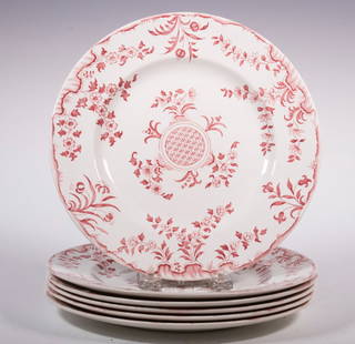 MINTONS "MONTROSE RED" IRONSTONE PLATES: Lot of (6) Circa 1900 English Red Transferware Luncheon Plates, by Mintons, 8 7/8" diam.