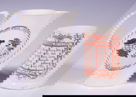 EARLY ENGLISH CREAMWARE POTTERY: (2) 18th c. Transfer Printed Vessels, incl: Cylindrical mug with "The Landlord's Caution" puzzle within a rectangular grid, topped with image of a tankard, pipes and barley and surrounded by trailing