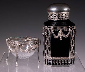 GERMAN SILVER MOUNTED GLASS JAR & CRYSTAL BOWL: (2) Late 19th c. 800-Silver Mounted Vessels, incl: Cobalt blue glass vanity jar with ornate silver lid and mounts, 6" high; and Cut crystal master salt, with ram's head and swag silver holder, 2 3/8"