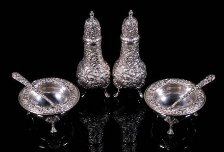 KIRK-STEIFF STERLING "ROSE" SALT & PEPPER SETS: (6) Pieces of "Rose" Pattern Repousse and Chased Silver, by Kirk-Steiff, #58, incl: (2) Pepper shakers, 4 1/2" high; Pair of salt cellars with matching spoons, 1 1/2" high, 2 3/4" diam., spoons: 3" lo