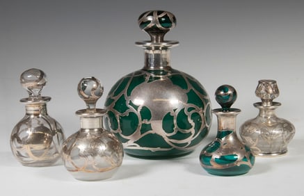 (5) ART NOUVEAU SILVER OVERLAY DRESSER BOTTLES