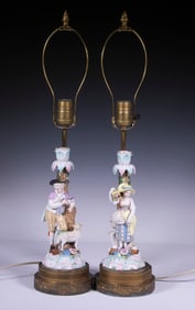 PR PORCELAIN FIGURAL CANDLESTICKS, MOUNTED AS LAMPS