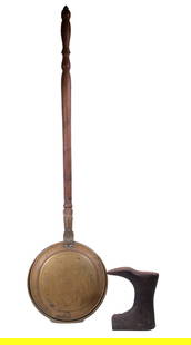 BRASS BEDWARMER & IRON SHOEMAKER'S ANVIL: Lot of (2) Antique Metal Accessories, incl: 19th c. brass bedwarmer, with hinged lid and engraved floral decoration, turned wooden handle, 43" long, 11" wide; and Cast iron cobbler's shoe anvil, 7 1/2