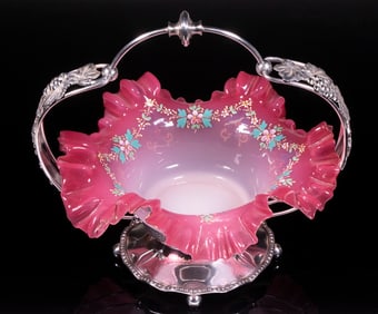 VICTORIAN CASED GLASS BRIDE'S BASKET IN SILVER-PLATE HOLDER